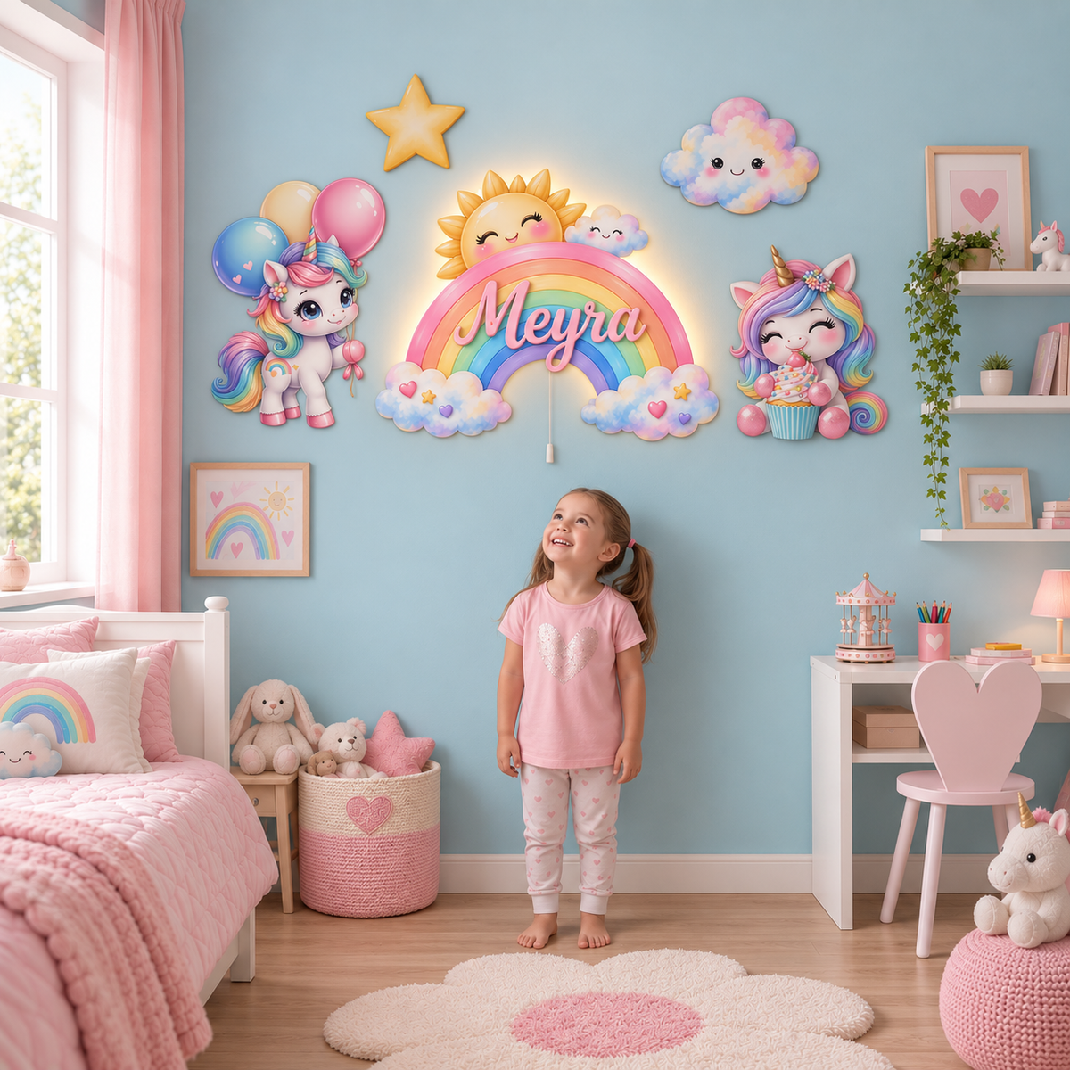 İsimli Unicornlu Gökkuşağı 5 Parça LED Ahşap Dekor Seti