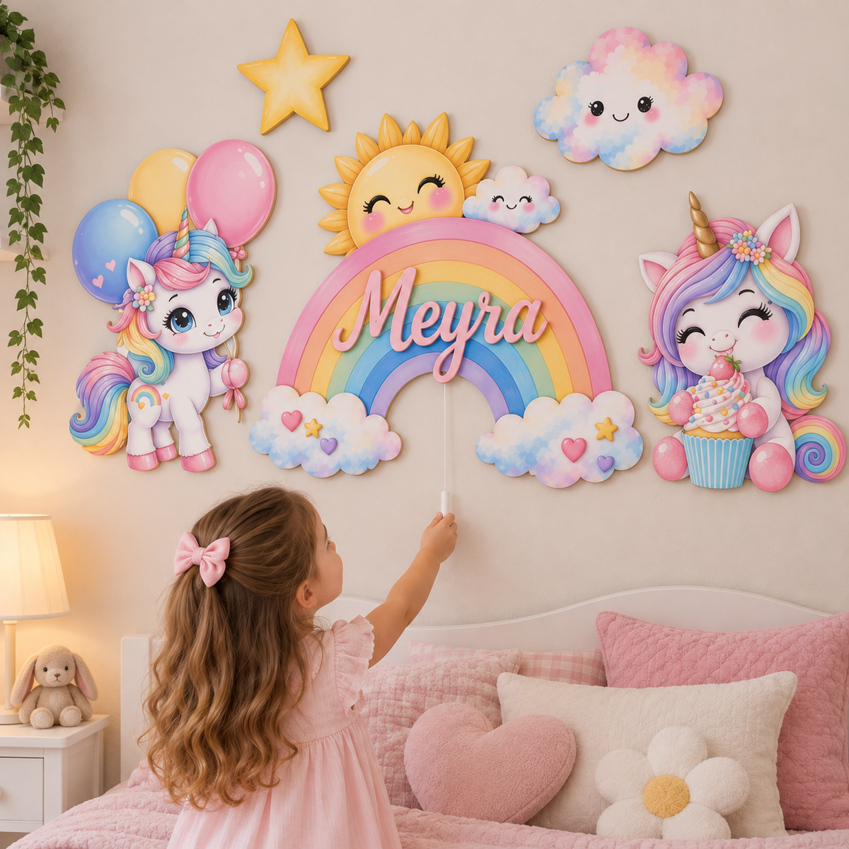 İsimli Unicornlu Gökkuşağı 5 Parça LED Ahşap Dekor Seti