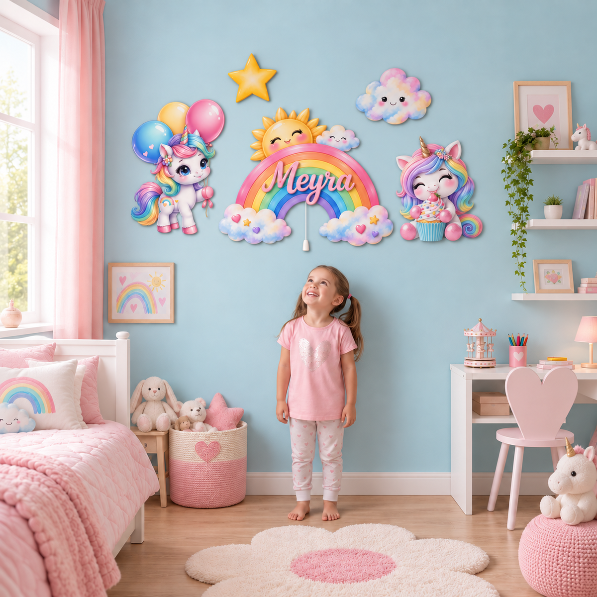 İsimli Unicornlu Gökkuşağı 5 Parça LED Ahşap Dekor Seti