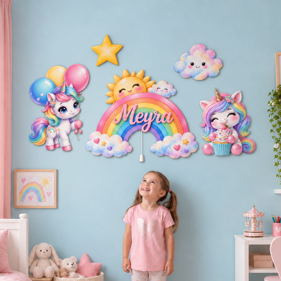 İsimli Unicornlu Gökkuşağı 5 Parça LED Ahşap Dekor Seti