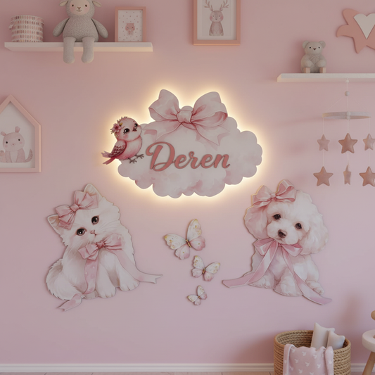 Kişiye Özel İsimli Kedi 6’lı LED Ahşap Gece Lambası