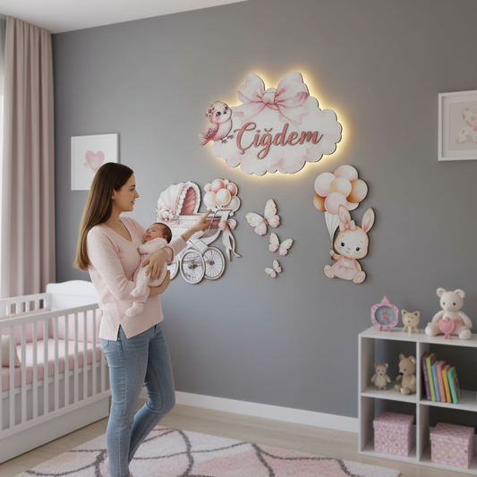 Kişiye Özel İsimli Tavşan 6’lı LED Ahşap Gece Lambası