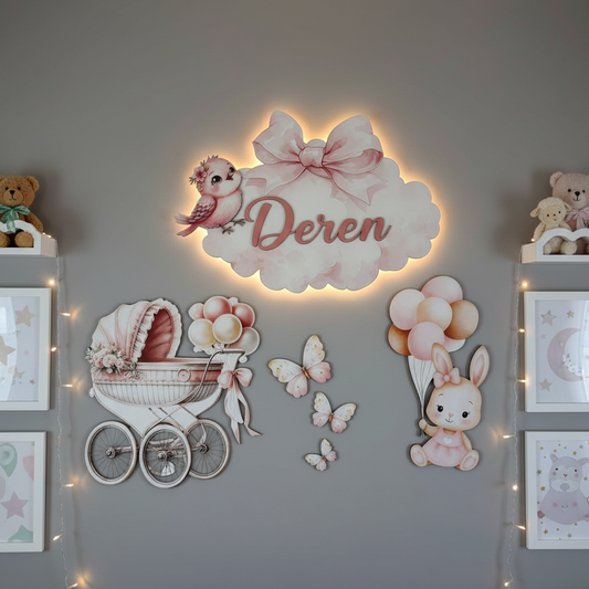 Kişiye Özel İsimli Tavşan 6’lı LED Ahşap Gece Lambası