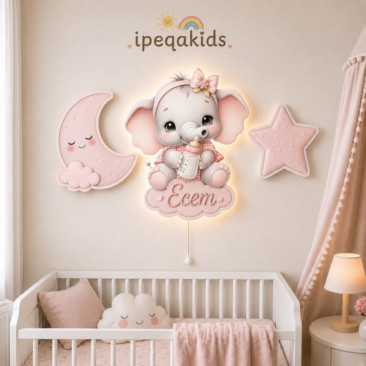 Kişiye Özel İsimli Fil 3’lü LED Ahşap Gece Lambası