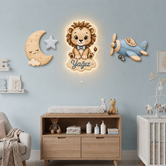 Kişiye Özel İsimli Uçak 4’lü LED Ahşap Gece Lambası