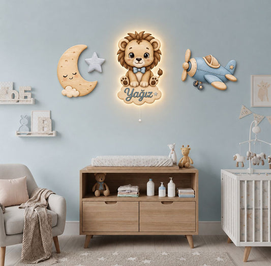 Kişiye Özel İsimli Uçak 4’lü LED Ahşap Gece Lambası
