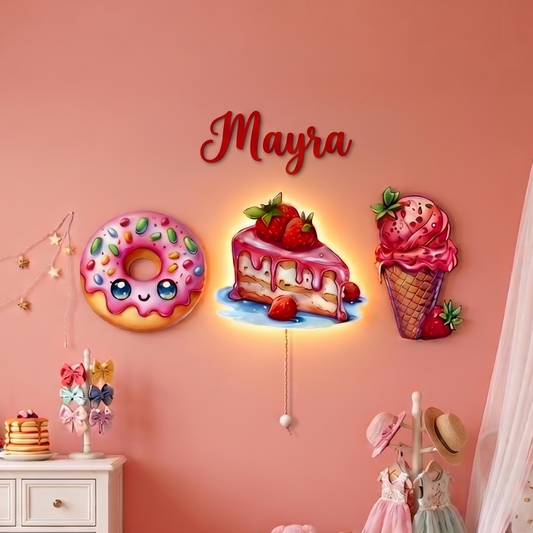 Kişiye Özel İsimli Pasta 4'lü LED Ahşap Gece Lambası