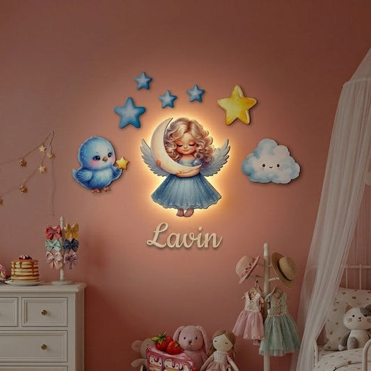 Kişiye Özel İsimli Melek 9'lu LED Ahşap Gece Lambası