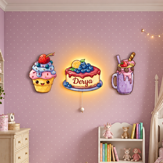 Kişiye Özel İsimli Cupcake 3’lü LED Ahşap Gece Lambası