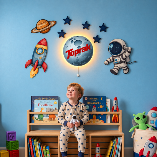 Kişiye Özel İsimli Astronot 9’lu LED Ahşap Gece Lambası