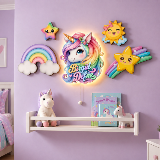 Kişiye Özel İsimli Unicorn 5’li LED Ahşap Gece Lambası