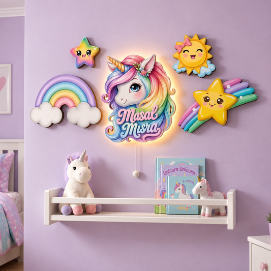 Kişiye Özel İsimli Unicorn 5’li LED Ahşap Gece Lambası