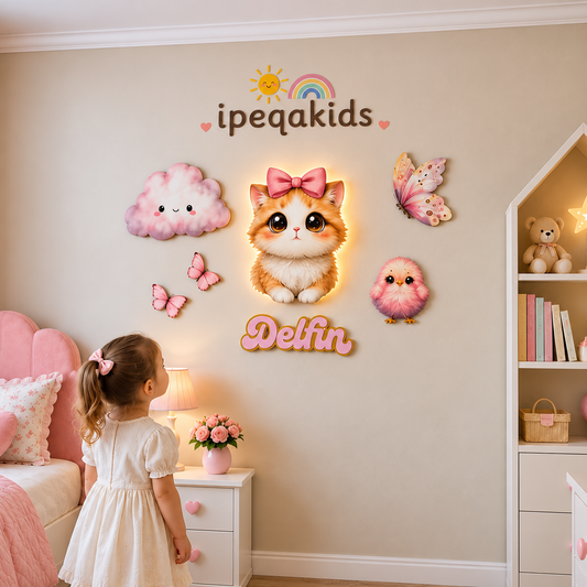 Kişiye Özel İsimli Kedicik 7’li LED Ahşap Gece Lambası