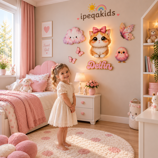 Kişiye Özel İsimli Kedicik 7’li LED Ahşap Gece Lambası