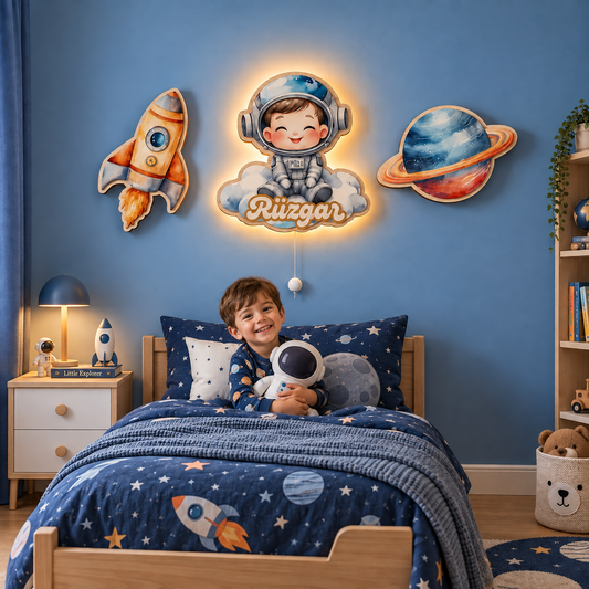Kişiye Özel İsimli Astronot 3’lü LED Ahşap Gece Lambası