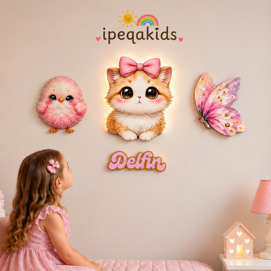 Kişiye Özel İsimli Kedicik 4’lü LED Ahşap Gece Lambası