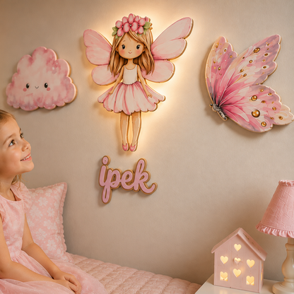 İsimli Peri 4 Parça LED Ahşap Dekor Seti