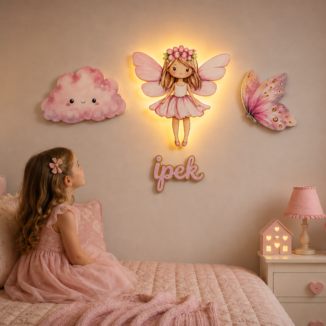 İsimli Peri 4 Parça LED Ahşap Dekor Seti