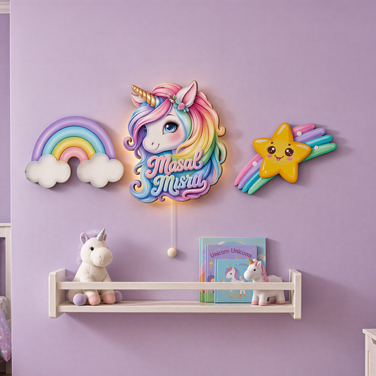 Kişiye Özel İsimli Unicorn 3’lü LED Ahşap Gece Lambası