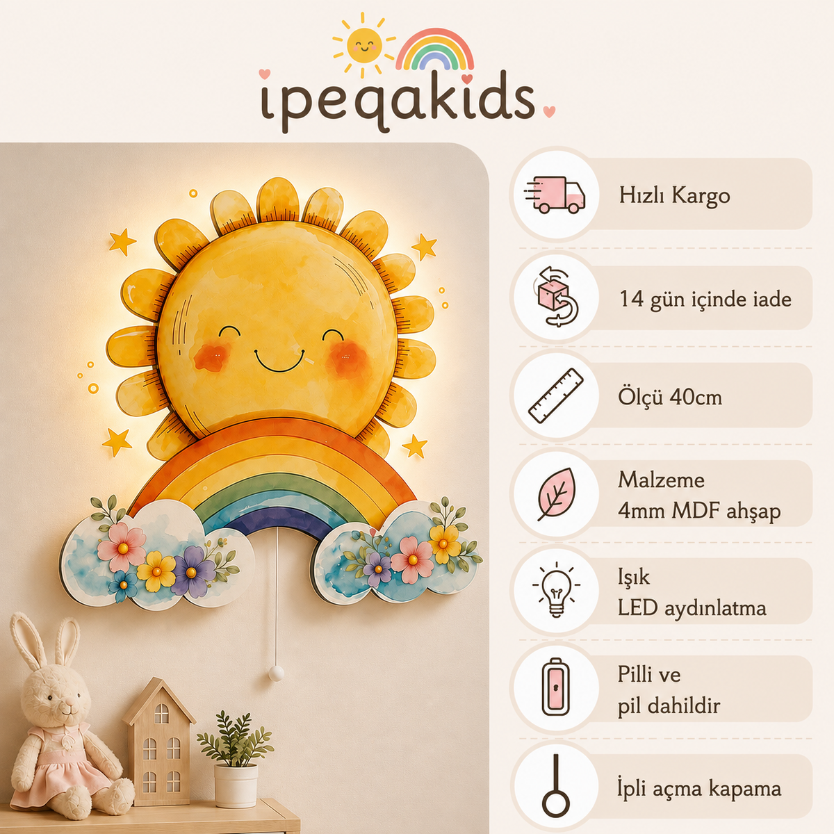 Güneş LED Ahşap Gece Lambası