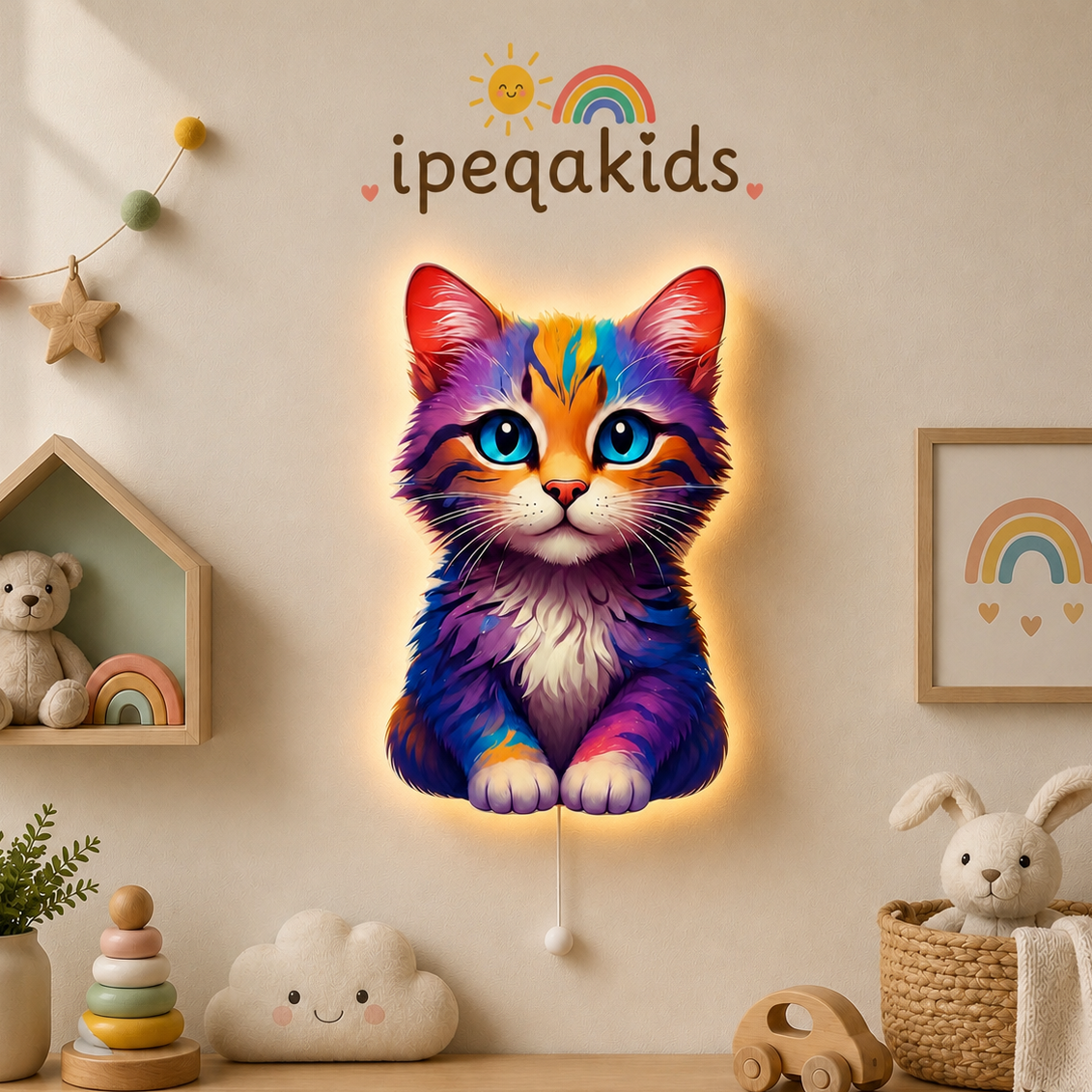 Mor, mavi ve turuncu tonlarını birleştiren kedi figürü; LED ahşap duvar dekoru