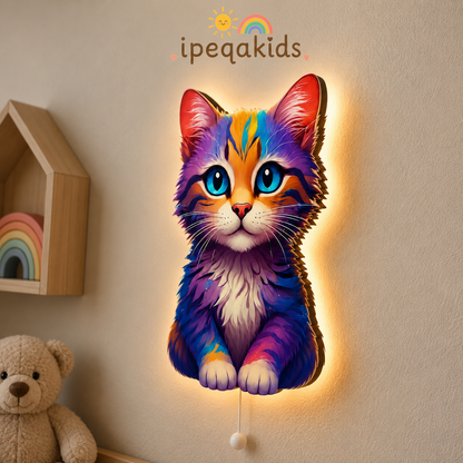 Renkli Kedi LED Ahşap Gece Lambası