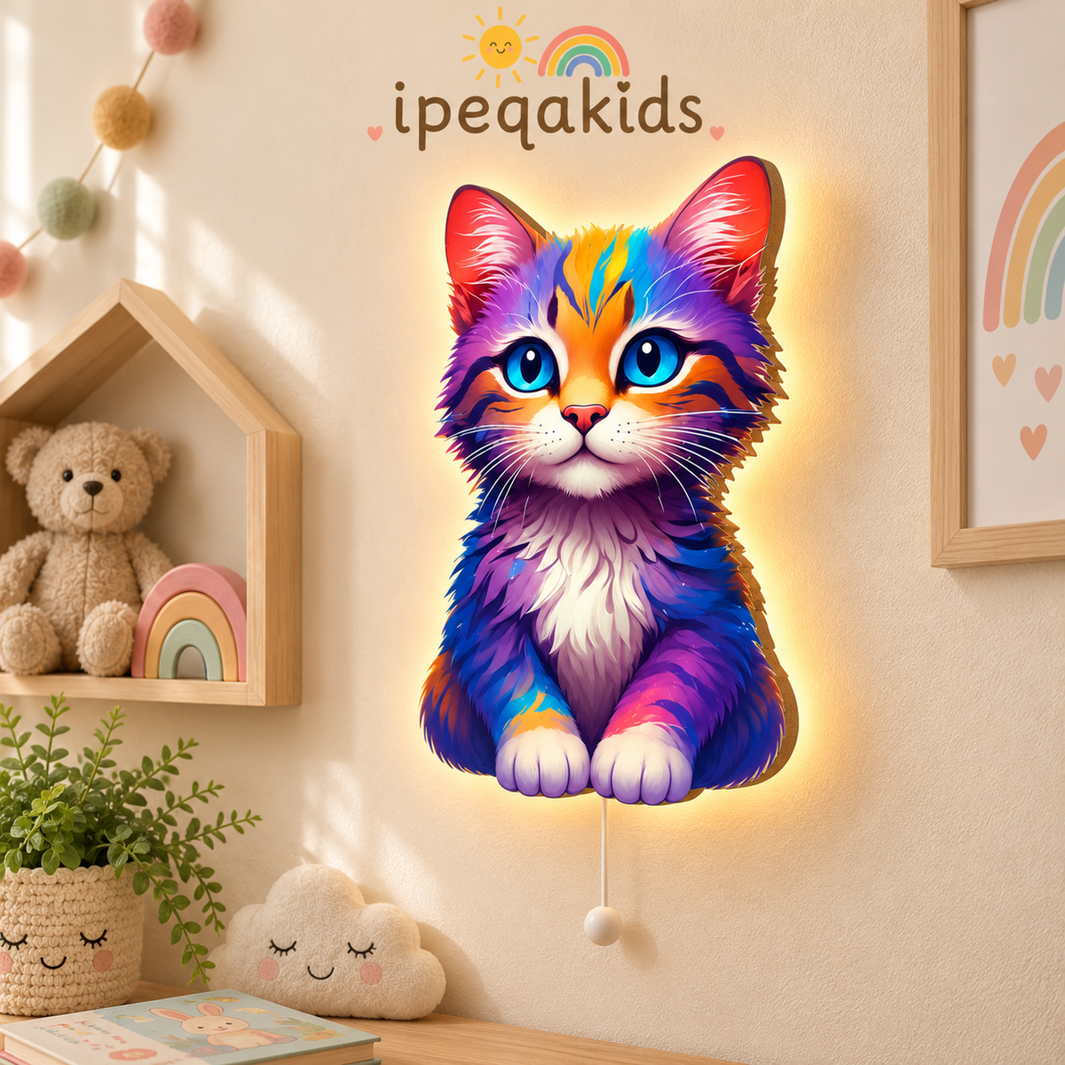 Renkli Kedi LED Ahşap Gece Lambası