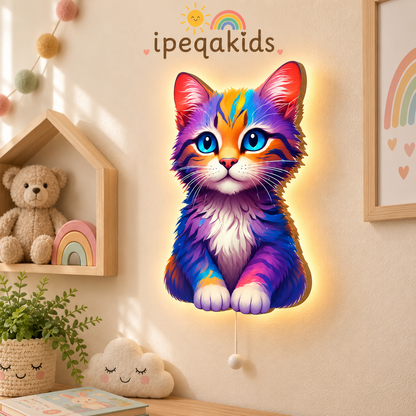 Renkli Kedi LED Ahşap Gece Lambası