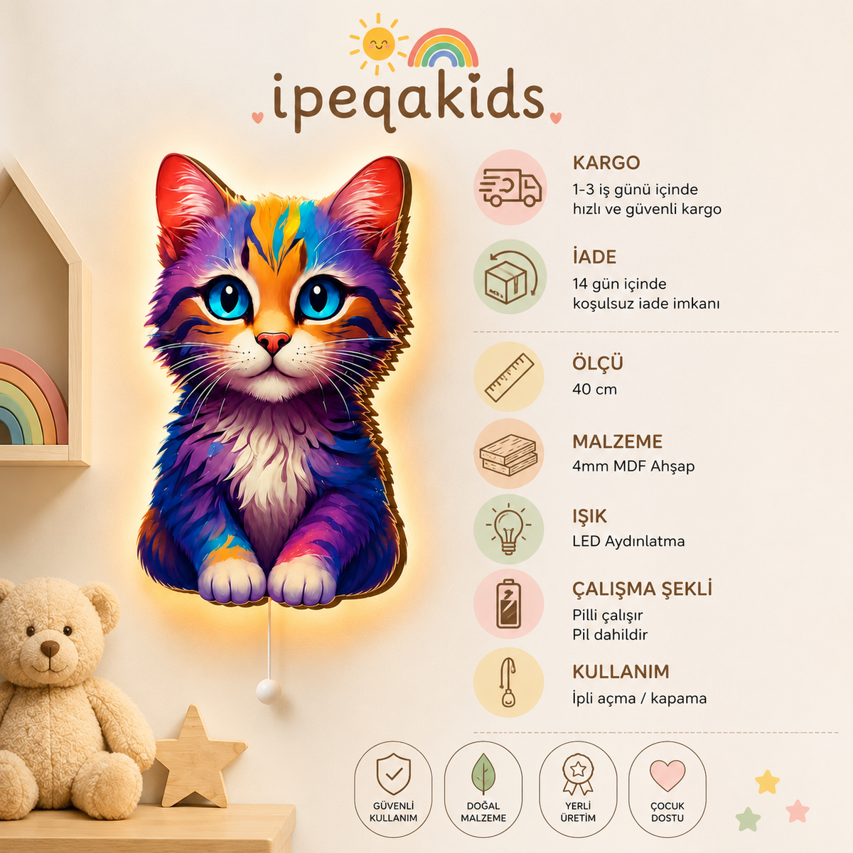 Renkli Kedi LED Ahşap Gece Lambası