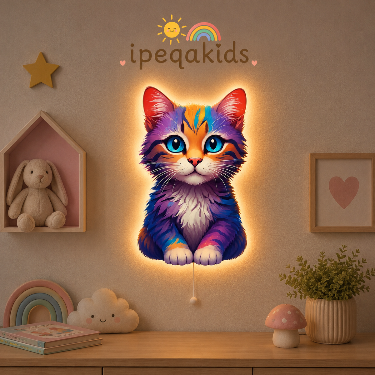 Renkli Kedi LED Ahşap Gece Lambası