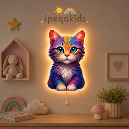 Renkli Kedi LED Ahşap Gece Lambası