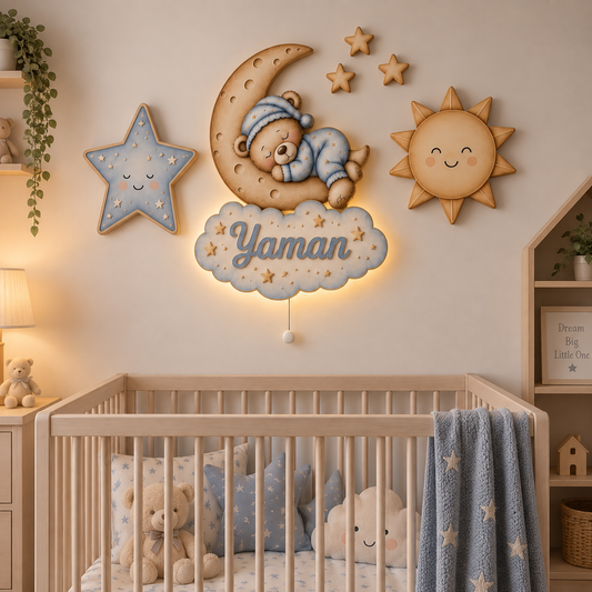 Kişiye Özel İsimli Mavi Uyuyan Ayıcık 6'lı LED Ahşap Gece Lambası Seti