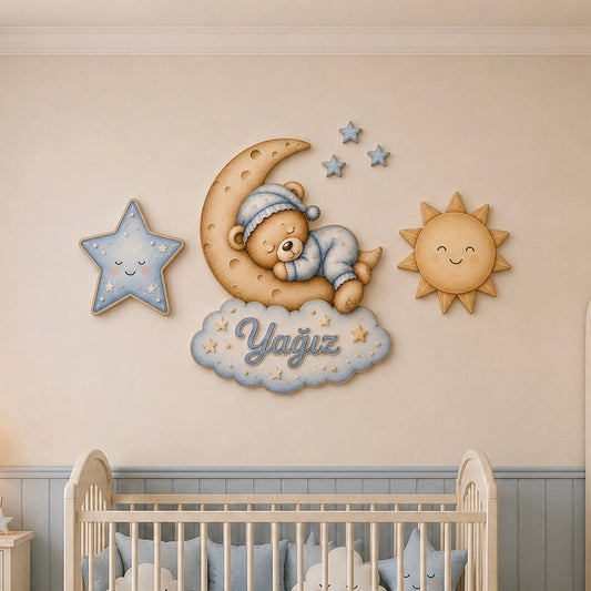 Kişiye Özel İsimli Mavi Uyuyan Ayıcık 6'lı LED Ahşap Gece Lambası Seti