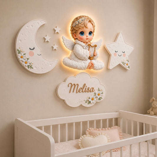 Kişiye Özel İsimli Bebek Melek 7'li LED Ahşap Gece Lambası Seti