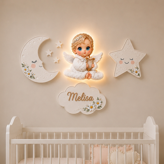 Kişiye Özel İsimli Bebek Melek 7'li LED Ahşap Gece Lambası Seti