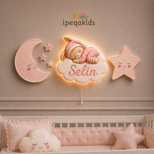 Kişiye Özel İsimli Uyuyan Tavşan 6'lı LED Ahşap Gece Lambası Seti
