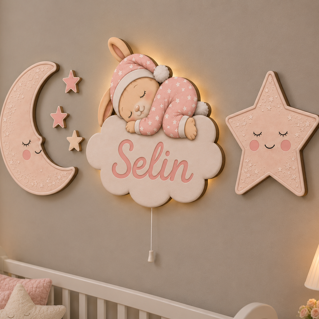 Kişiye Özel İsimli Uyuyan Tavşan 6'lı LED Ahşap Gece Lambası Seti