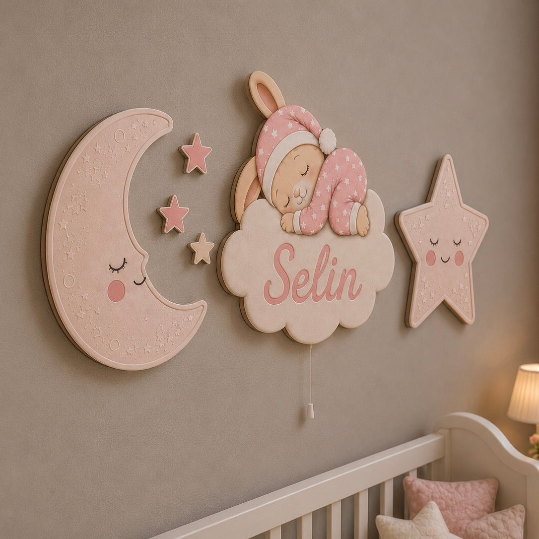 Kişiye Özel İsimli Uyuyan Tavşan 6'lı LED Ahşap Gece Lambası Seti