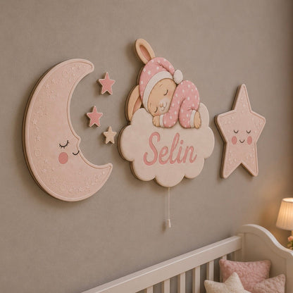 Kişiye Özel İsimli Uyuyan Tavşan 6'lı LED Ahşap Gece Lambası Seti