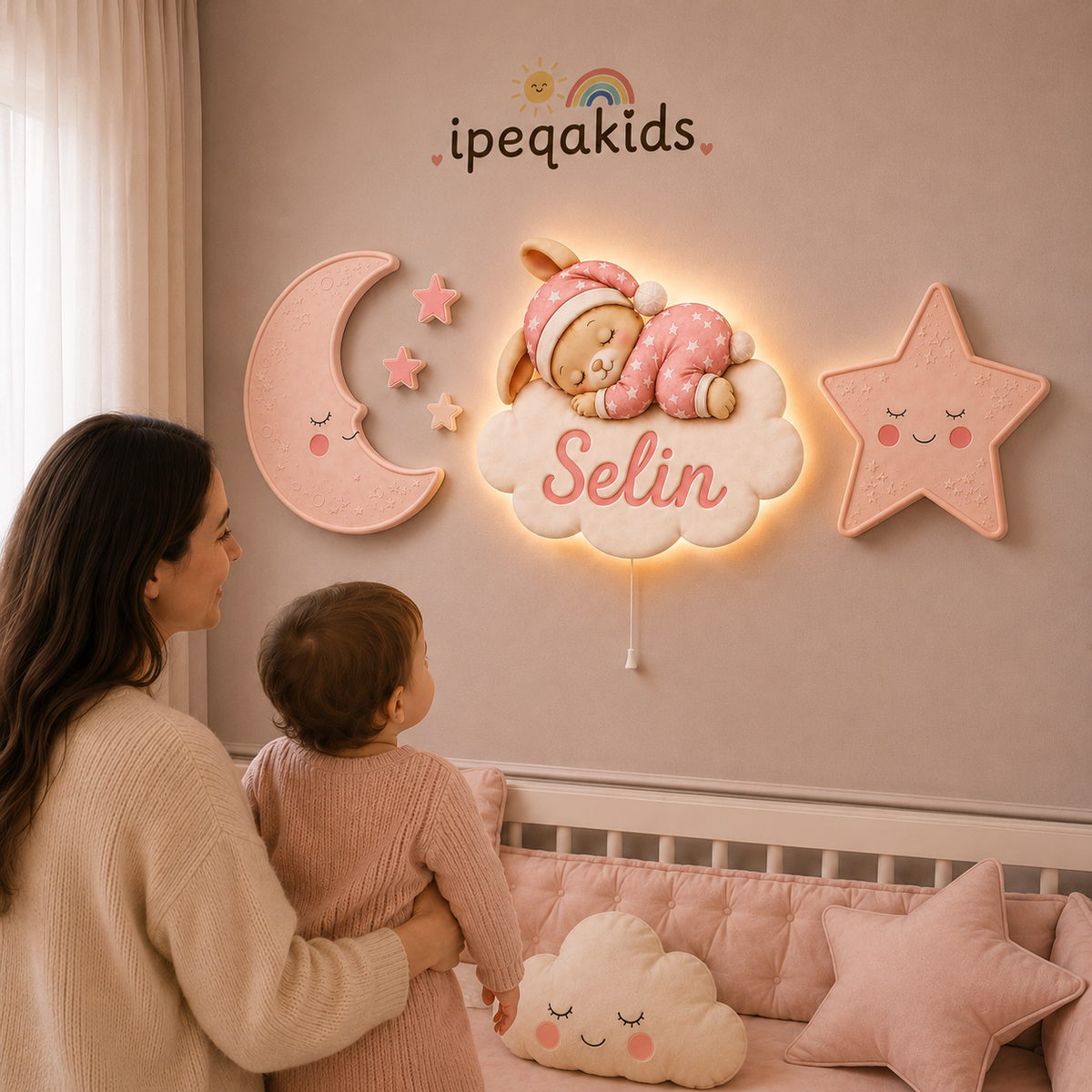 Kişiye Özel İsimli Uyuyan Tavşan 6'lı LED Ahşap Gece Lambası Seti