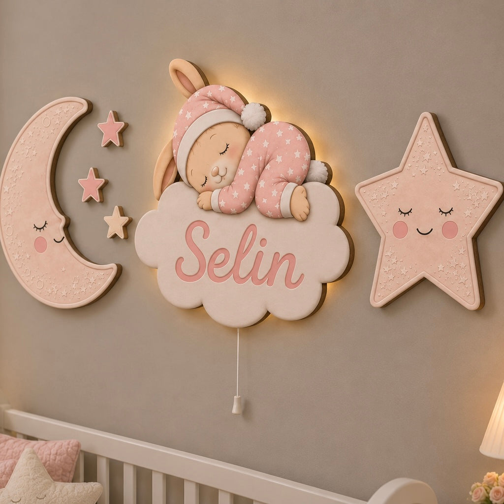 Kişiye Özel İsimli Uyuyan Tavşan 6'lı LED Ahşap Gece Lambası Seti