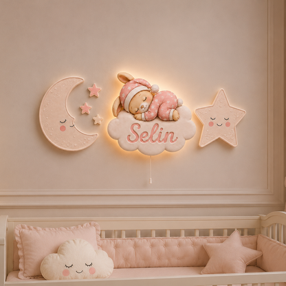 Kişiye Özel İsimli Uyuyan Tavşan 6'lı LED Ahşap Gece Lambası Seti