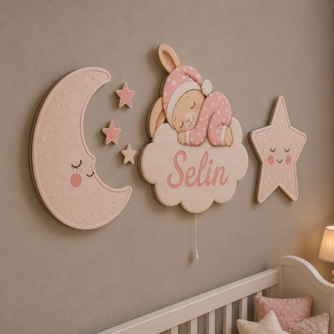 Kişiye Özel İsimli Uyuyan Tavşan 6'lı LED Ahşap Gece Lambası Seti