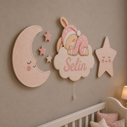 Kişiye Özel İsimli Uyuyan Tavşan 6'lı LED Ahşap Gece Lambası Seti