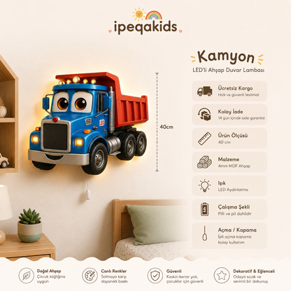 Kamyon LED Işıklı Bebek Odası Ahşap Duvar Dekoru - Gece Lambası - Görsel 3