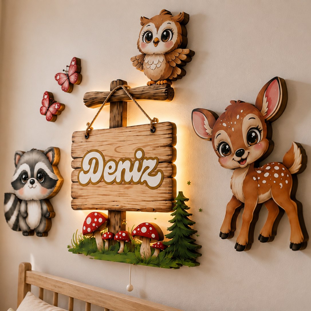 Kişiye Özel İsimli Orman Hayvanları 6 Parça LED Ahşap Gece Lambası