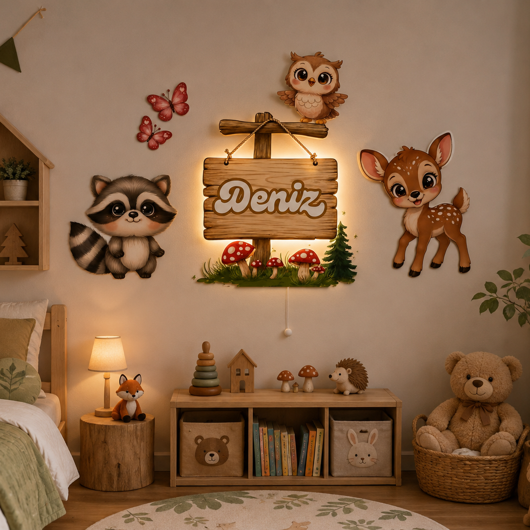 Kişiye Özel İsimli Orman Hayvanları 6 Parça LED Ahşap Gece Lambası