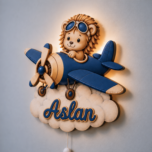 İsimli Aslan Uçak LED Ahşap Gece Lambası Model 2