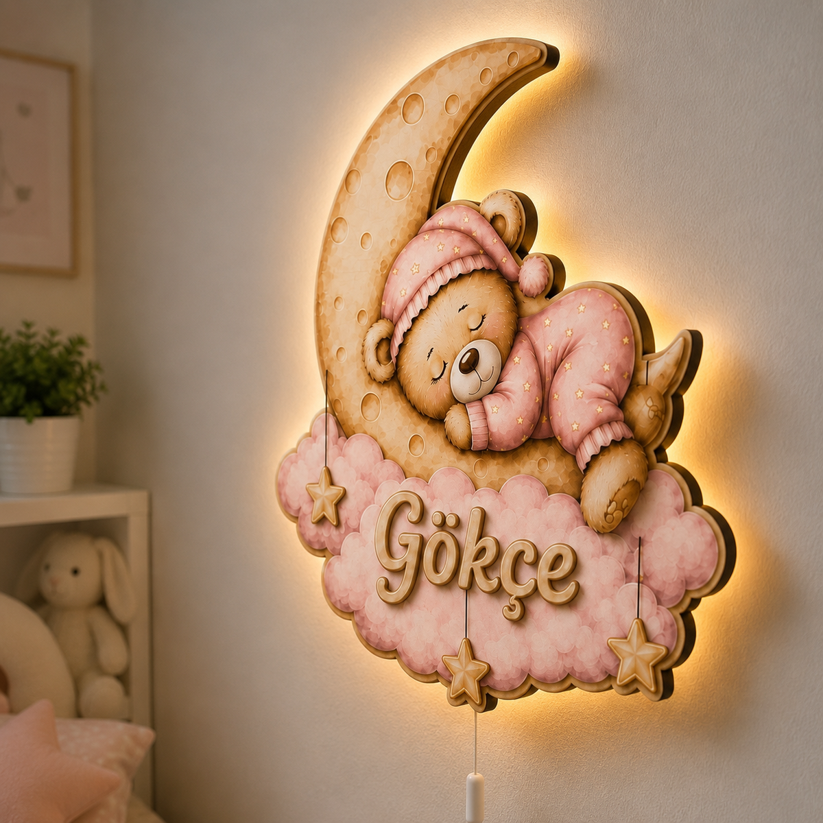 İsimli Pembe Uyuyan Ayıcık LED Ahşap Gece Lambası