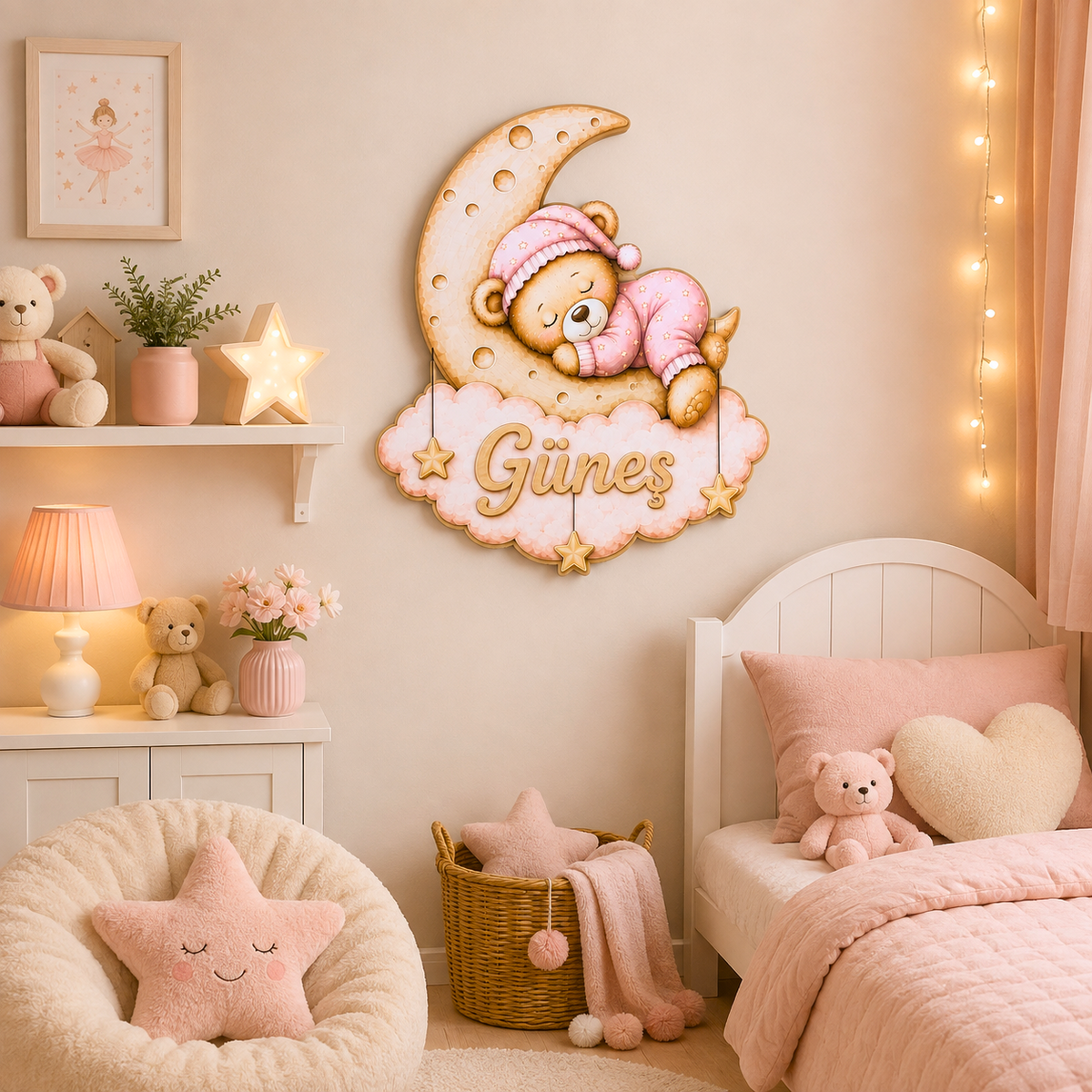 İsimli Pembe Uyuyan Ayıcık LED Ahşap Gece Lambası